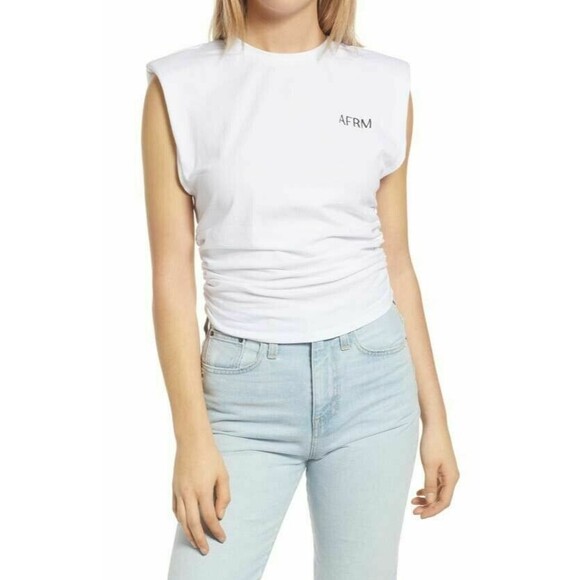 AFRM Bille Crop Tank Top Size XS Side Ruched Shoulder Pads White NEW Tag B41 - Picture 1 of 5